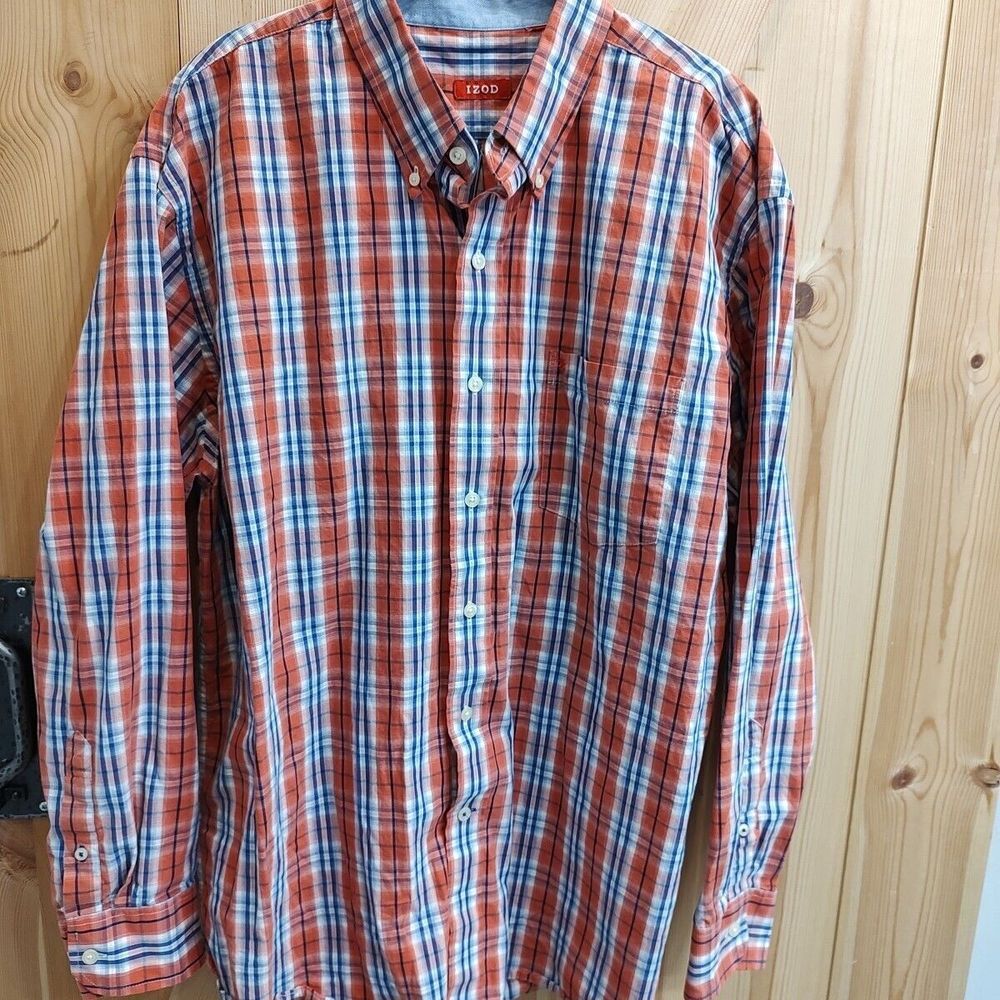 IZOD Dress Shirt Sz‎ Large Plaid Fall Orange Blue Long Sleeve Button Down Preppy